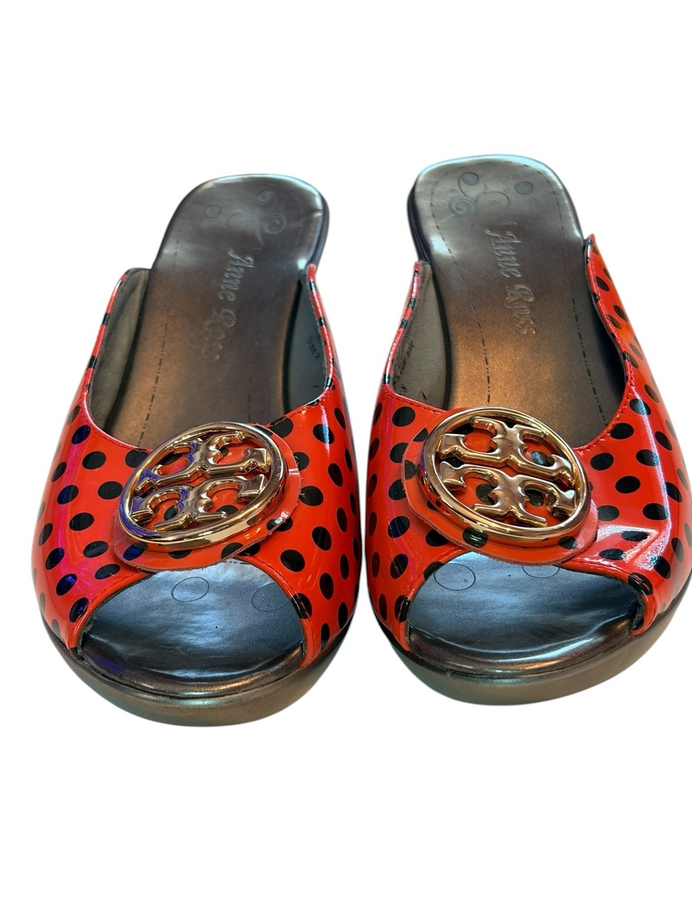 Anne Ross Red and Black Polka Dot Open-Toe Mules with Gold Logo